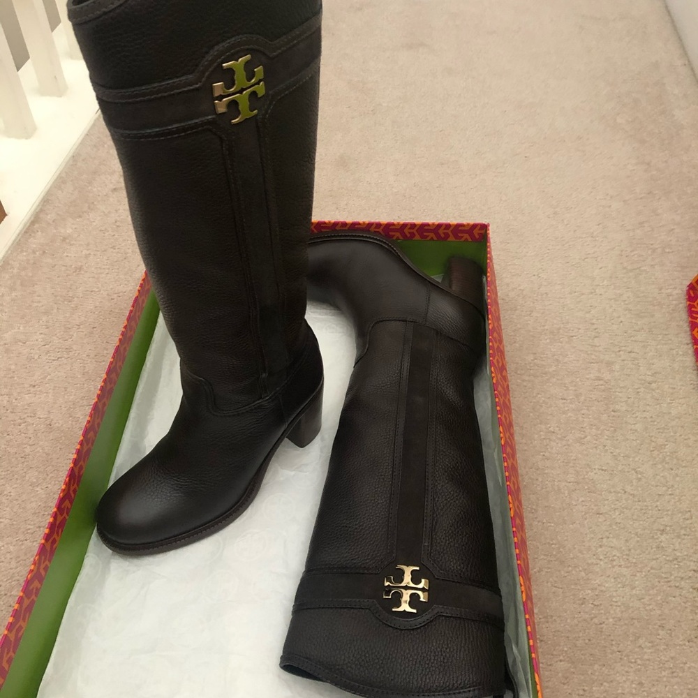 Tory Burch Black Heeled Boots with Gold Logo